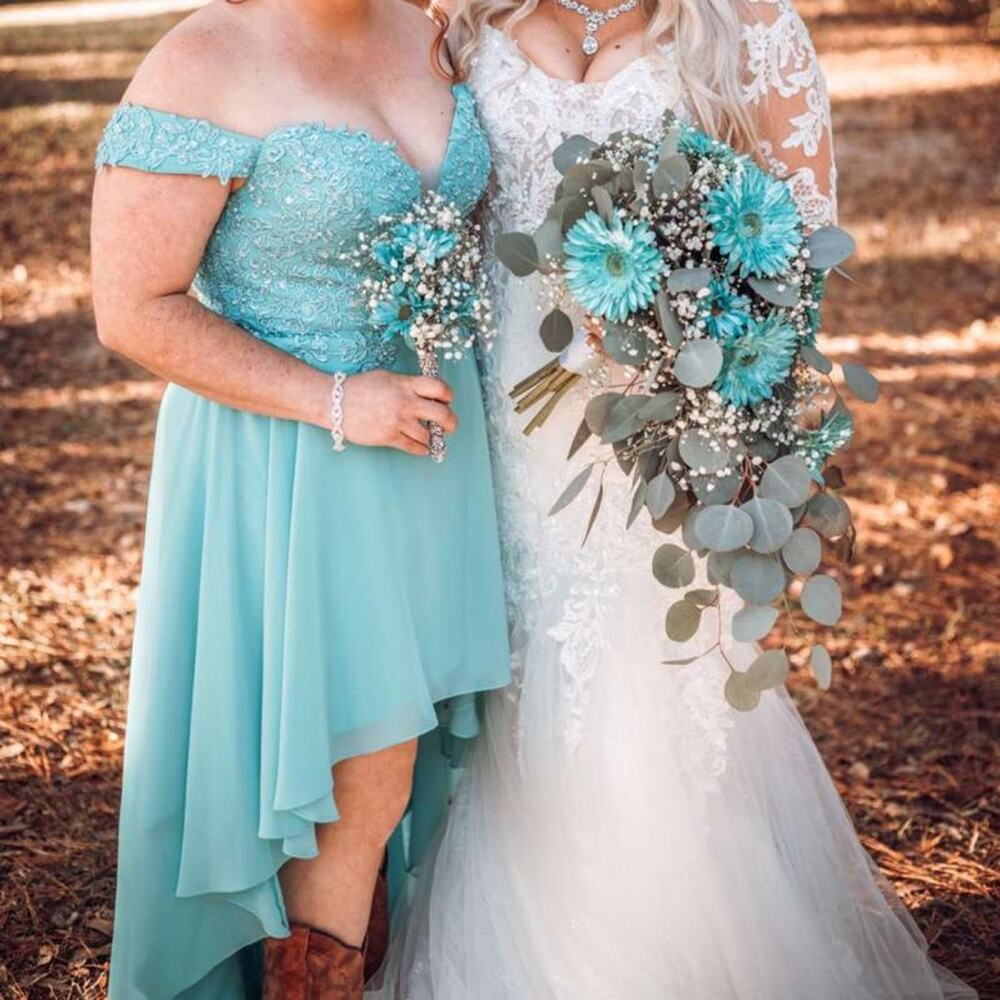 Custom off the shoulder teal Bridesmaid hi low corset back dress